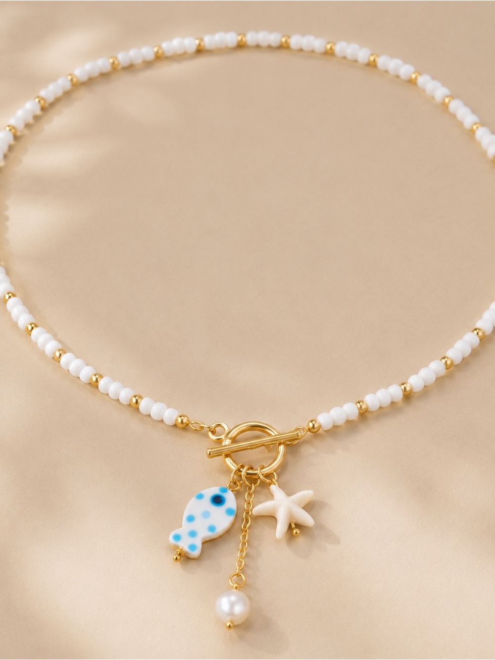 Beach Charm Choker Necklace White Beads Fish Starfish Pearl Gold Tone - Picture 2 of 4